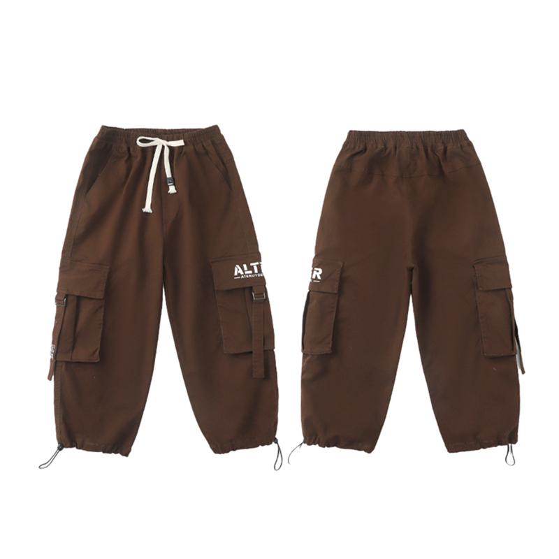 Child Cool Brown Cargo Pants with Side Pocket for Boy Loose Fit Sporty Drawstring Trousers Kids Hiphop Sweatpants