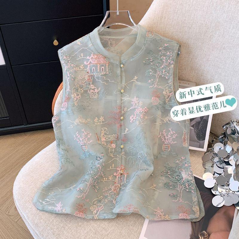 New fashion embroidered vest vest spring and summer top temperament stand-up collar vest