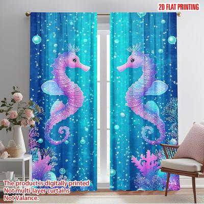 2pcs,2D Plane Printing Curtain Fabric Dreamy Seahorses Versatile Fabric (without Rod) Festive Perfect for Study, Living Room,