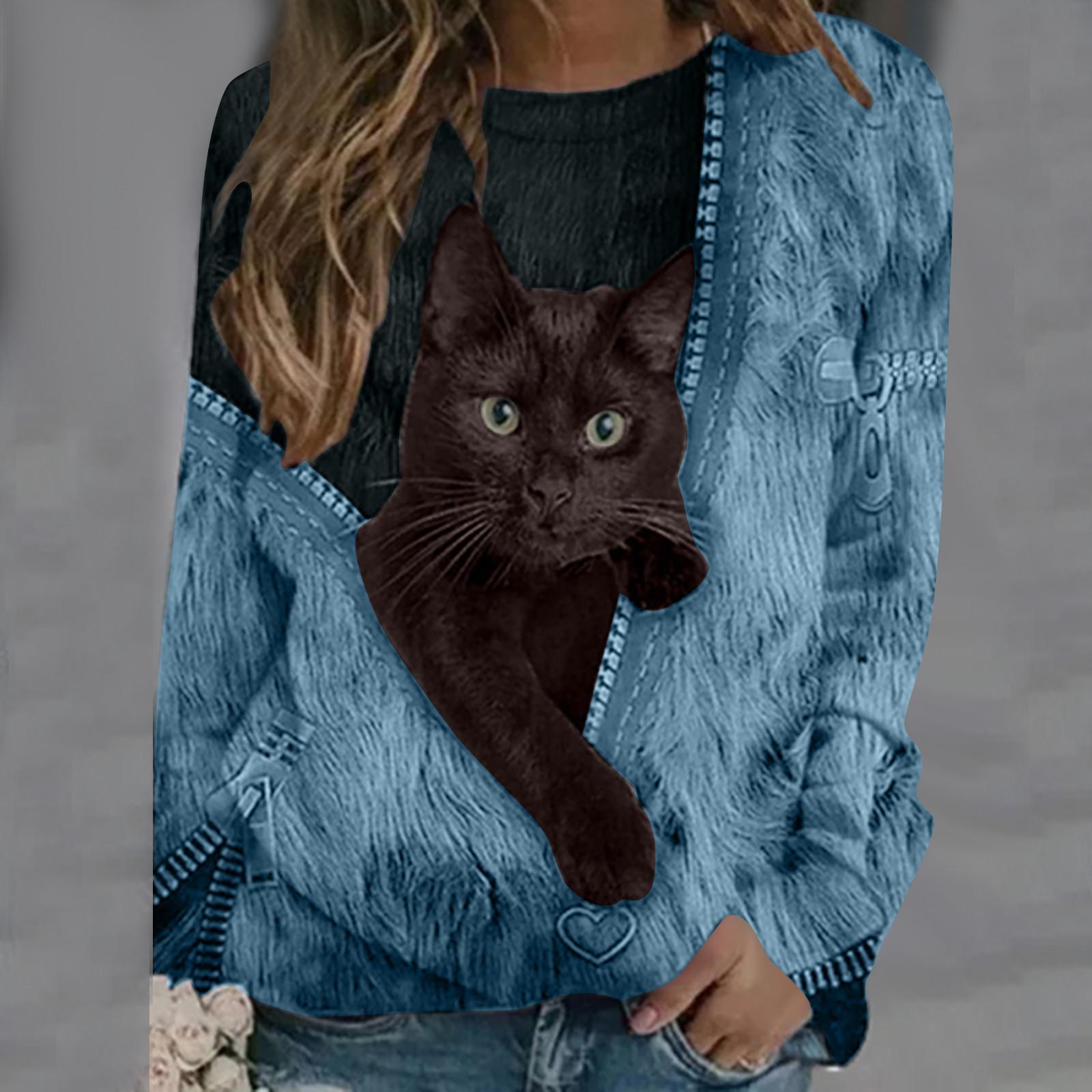 

Women Plus Size Cartoon Print And Ainter T Shirt O-Neck Long Sleeve Loose T-Shirts Casual Oversized Tops S синий