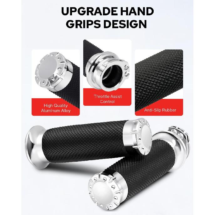 Benlari Chrome 1 Inch Motorcycle Hand Grips Handlebar Grips Cable Throttle Compatible For Harley Davidson Sportster Touring Dyna Softail Street Glide