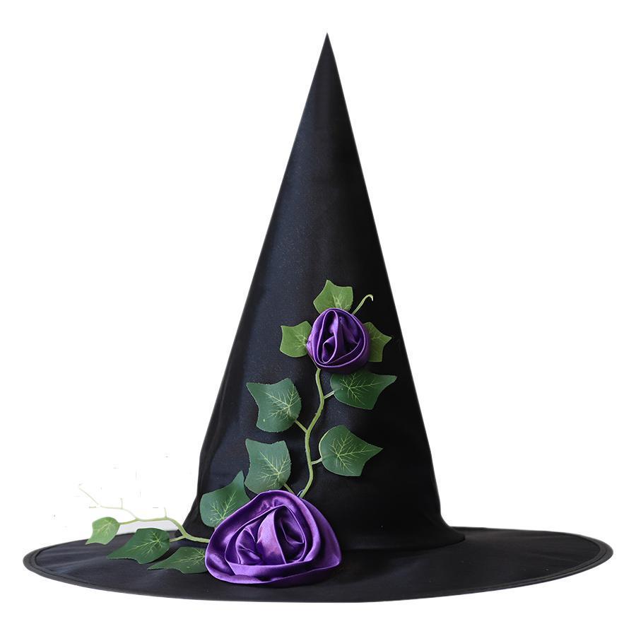 Halloween Witch Hat with Mesh, Rose, Feather, Pumpkin, and Star Design