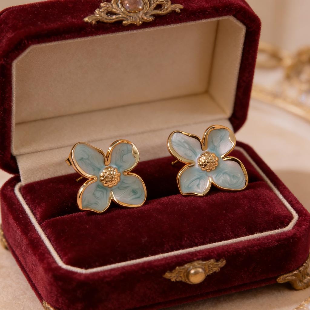 Fashion Irregular Post Earrings Metal Flower Cream Epoxy Studs Gold Color Plating Heavy Statement Zircon for Women