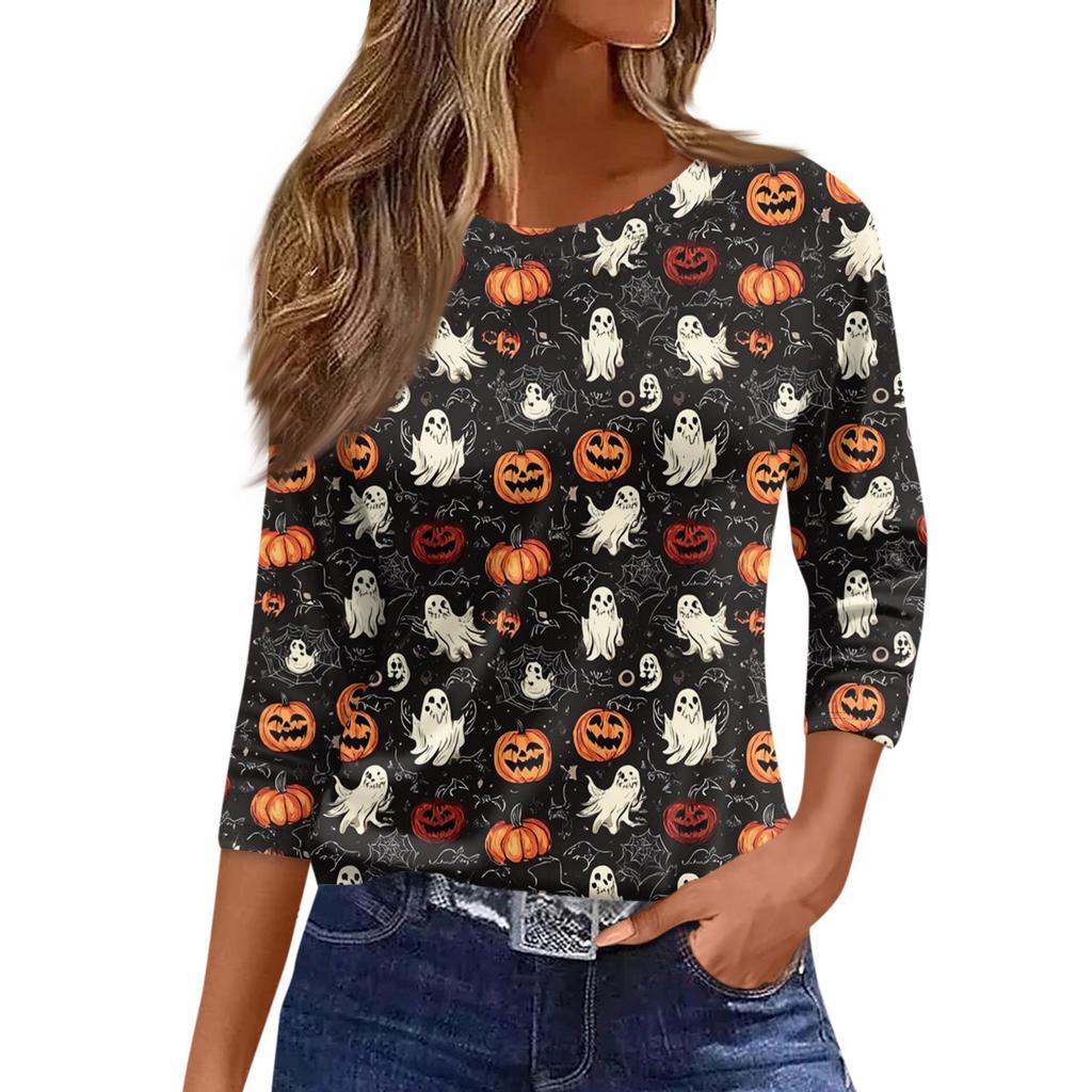 Women's Fashion Casual Round Neck 3/4 Sleeve Loose  Printed T-Shirt Ladies Top