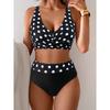 Black Dot Print Bikini Set Women V Neck Push Up Bra Drawstring Side High Waist Swimsuit Beach Bathing Suit Swimwear