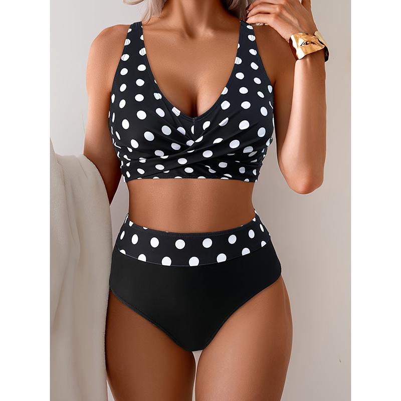 

Black Dot Print Bikini Set Women V Neck Push Up Bra Drawstring Side High Waist Swimsuit Beach Bathing Suit Swimwear XL