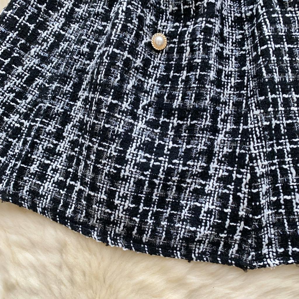 Podzim Jaro Dámské Ležérní Jednořadé Špagetové Ramínko Kostkované Tweedové Mini Krátké Šaty pro Studentku