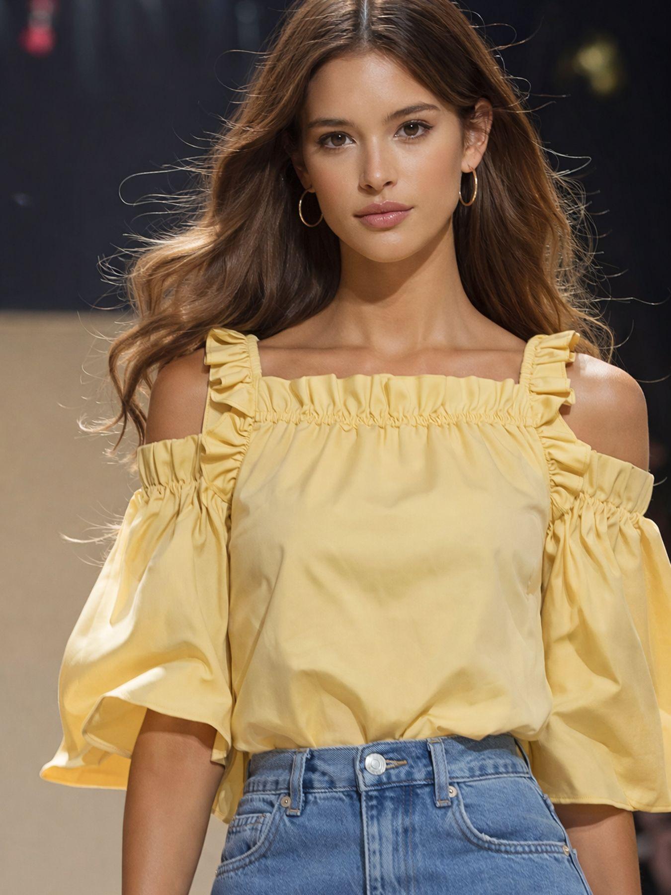 2026 Summer French-style slimming blouse yellow off-shoulder ruffled short-sleeve shirt for women XS жёлтый