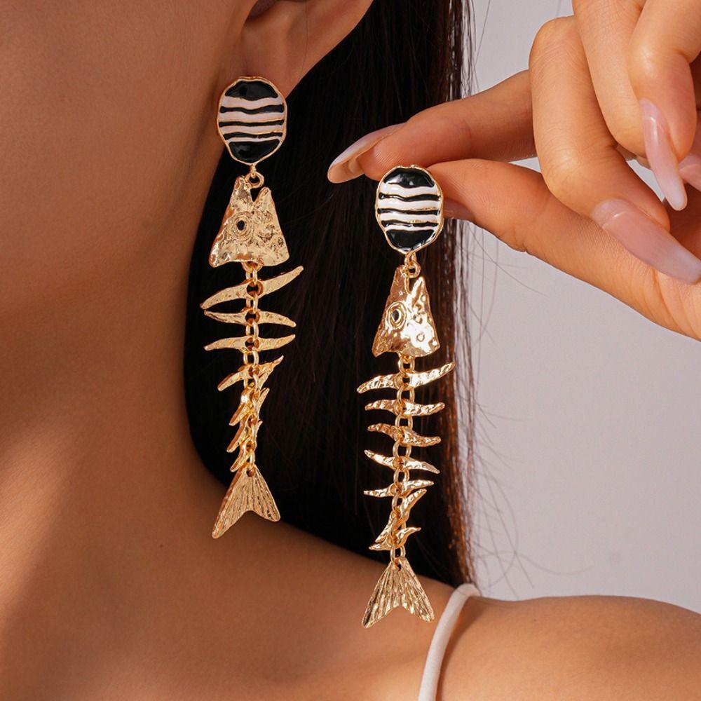 Gothic Fish Bone Earrings Exaggerate Geometric Drop Earrings Personality Earrings  Hollowen