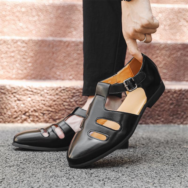 Summer Casual Flat Shoes Men High Quality Leather Sandals Buckle Solid Color Weave Breathable Vintage Men Gladiator Sandals