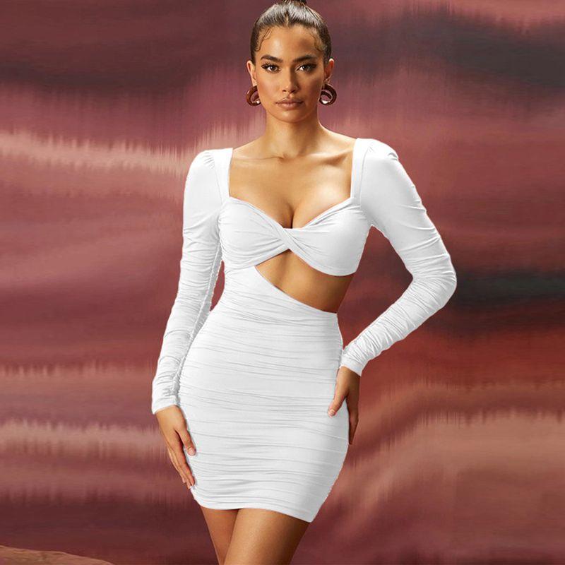 

Fashion Style Ins New Arrival Fashion Sexy Low-Cut Long Sleeve Short Dress Sexy Cutout Ruched Silm Sheath Dress White L