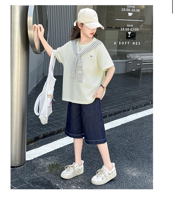 Girls' College Style Set 2026 Summer New Striped Tie T-shirt Clear Color Jeans Middle and Large Children's Two Piece Set