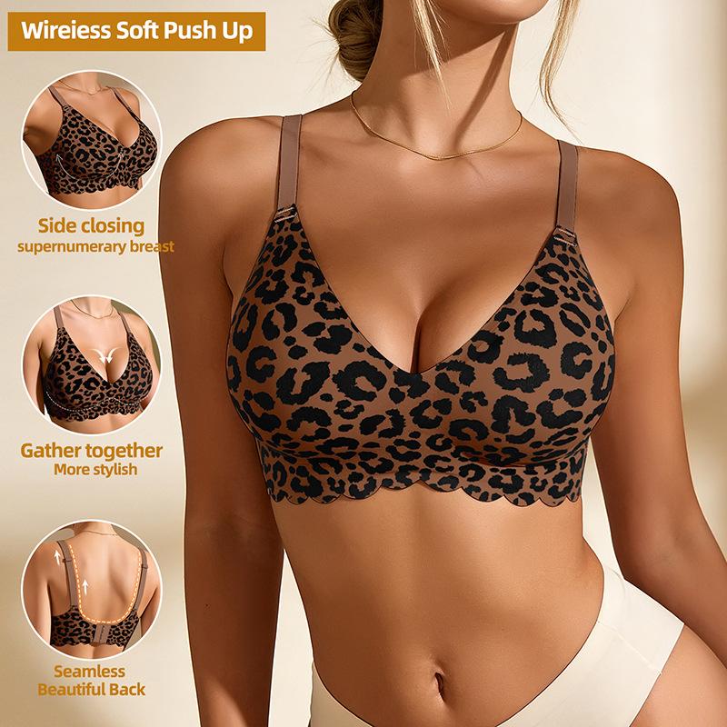 European Size Wireless Seamless Soft Support Bra Leopard Print Wavy Edge Gathered Side Bust Coverage Anti-Curl Intimates