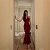 Banquet French neck dress women's summer new slim temperament mesh stitching red fishtail dress dress women