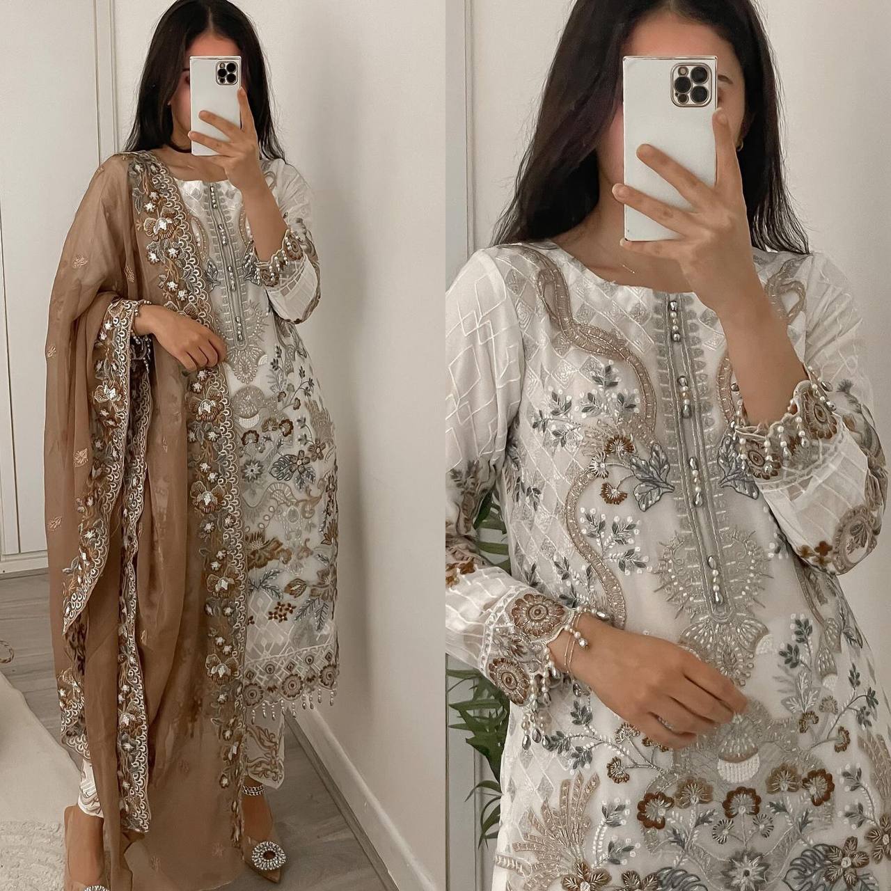 

Верх и пент с вышивкой Desirable Fancy Faux Georgette Sequence с дупаттой