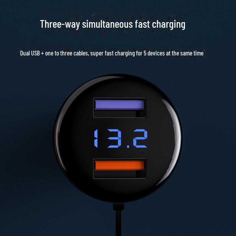 65W Dual USB Car Charger with QC3.0 Fast Charging, Multi-Function Digital Display, and One-to-Three Splitter