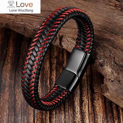 Pulsera de cuerda de cuero trenzada roja para hombre, brazalete con hebilla magnética negra, estilo punk