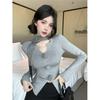 Irregular V-Neck Grey Sweater - Women's Knitwear for Autumn/Winter