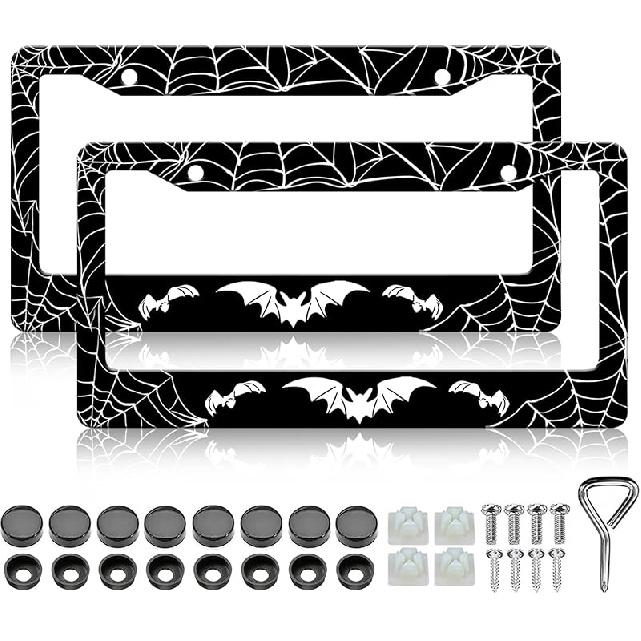 Bat License Plate Frames- 2 Pack Spider Web Goth Gothic Aluminum Metal License Plate Holder Covers Car Accessory, Rust-Proof Waterproof Car