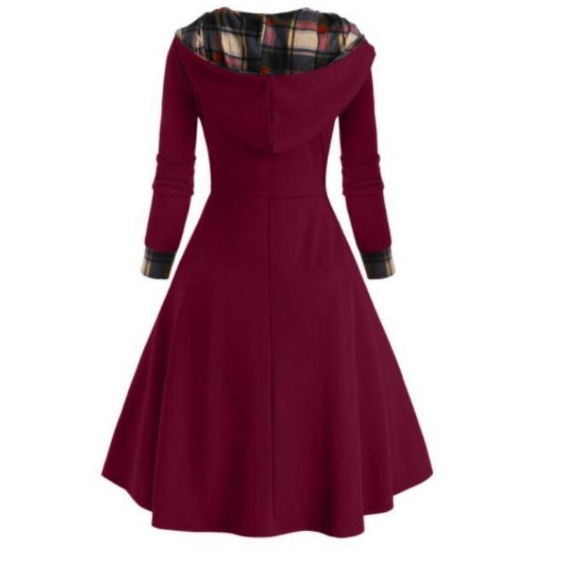 Damen Karo Patchwork Kapuzen-Stehkragen Langarm Midi A-Linien Kleid