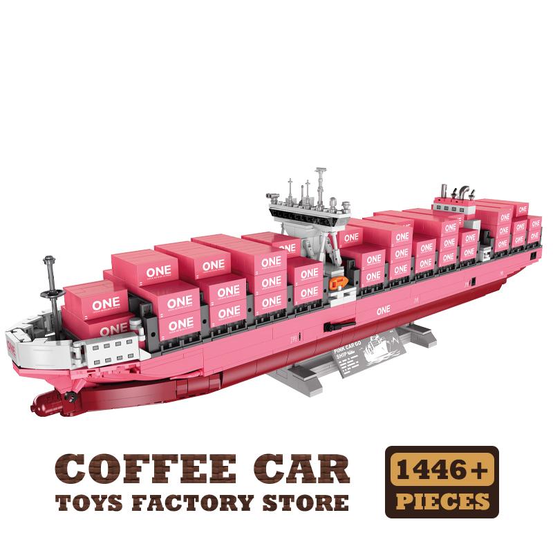 Non-Toxic Diy 3D Bricks Puzzle Pink Cargo Ship 1446Pcs Container Boat Assembly Model Kits Vessels Building Blocks Toys Adult Birthday Gift