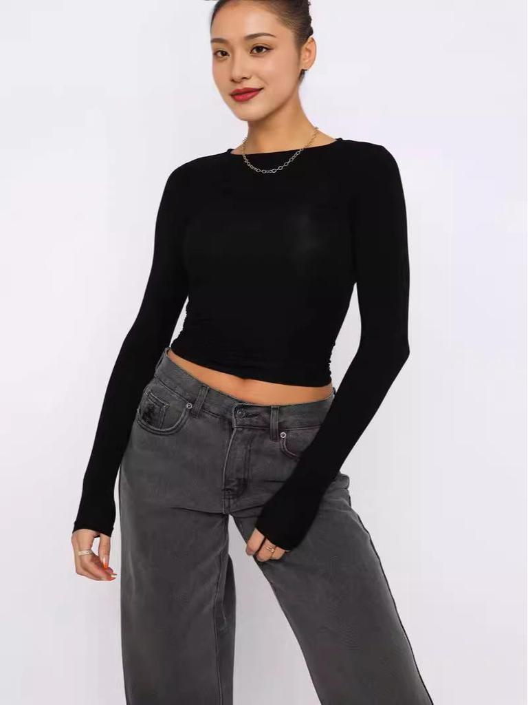 European & American Women's Solid Color Slimming Long Sleeve Round Neck T-Shirt for Spring & Autumn