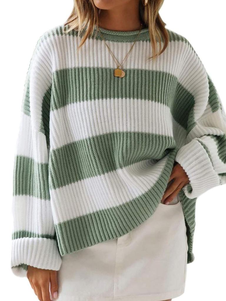 Autumn Winter Stripe Loose Knit Sweater - Round Neck, Long Sleeve for Women