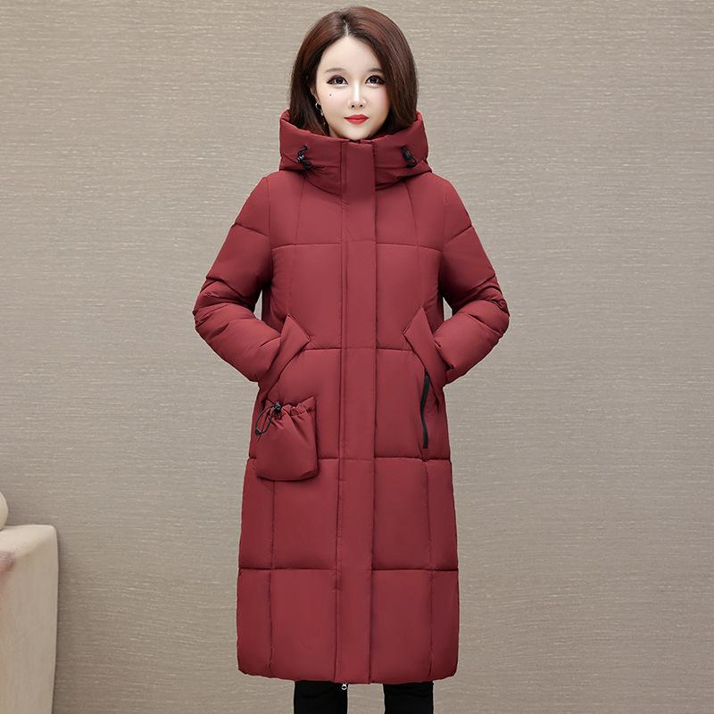 Women's Hooded Long Puffer Coat Drawstring Pockets Zip Up Quilted Solid Color Loose Fit Winter Warm Cotton Padded Jacket