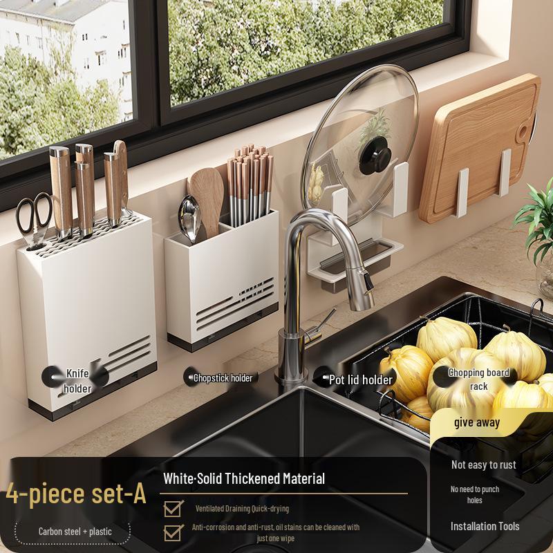 White Wall-Mounted Kitchen Rack: No-Drill Seasoning, Knife, and Chopsticks Organizer