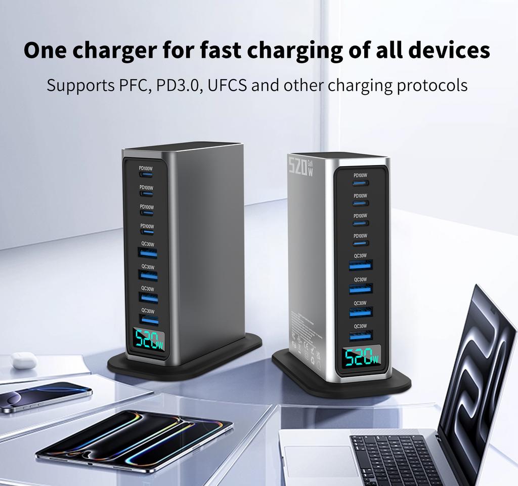 520W GaN Desktop Fast Charger 8-Port 4 USB-C+4 USB-A PD 100W Fast Charger USB Type C Mobile Phone Power Charger Station