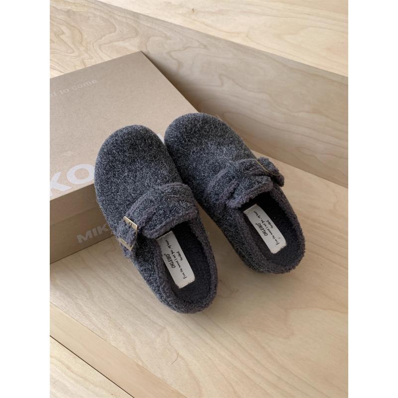 

Premium flat-bottomed plush woolen single shoes thermal cotton shoes women s shoes autumn and winter bag head half slippers 39 серый