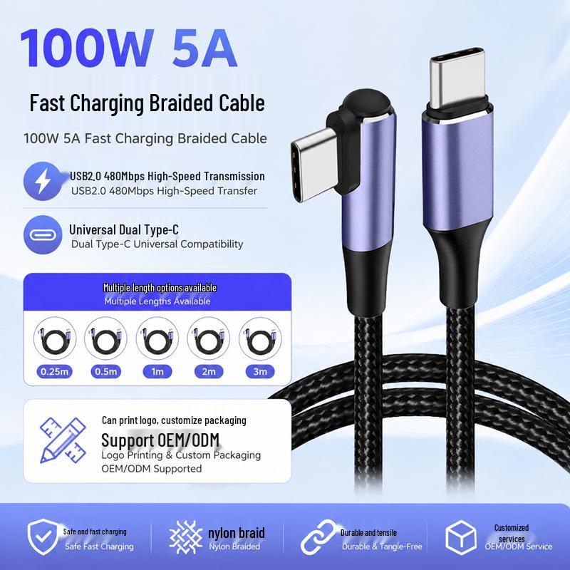 PD USB-C - USB-C Hızlı Şarj Kablosu, 60W/100W, Tek Dirsekli, Erkek - Erkek, 3A/5A