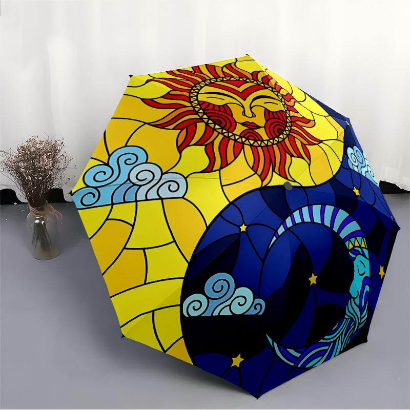 1pc Sun Moon Yin Yang Stained Automatic Opening/Closing Folding Umbrella with 82 Ribs, Plastic Handle, Windproof Portable Sunshade Umbrella y250726122