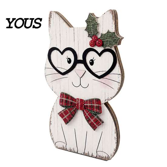 Small Wood Christmas Ornaments Wooden Cat Tabletop Decor, Cute Kitty Figurine, Rustic Farmhouse Decor for Xmas Tiered Tray Ornament Living Room Shelf