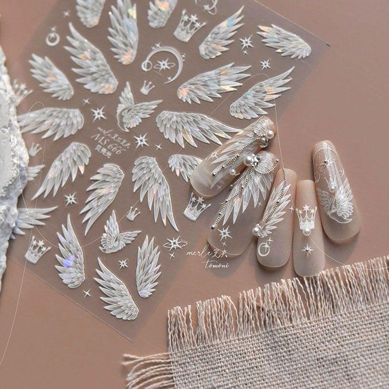 

Bright Crystal White Wings Nail Sticker New Arrival Relief 5D Adhesive Ins Internet Celebrity Nail Sticker Dream 3D Decoration Shell Light Angel Wings 666