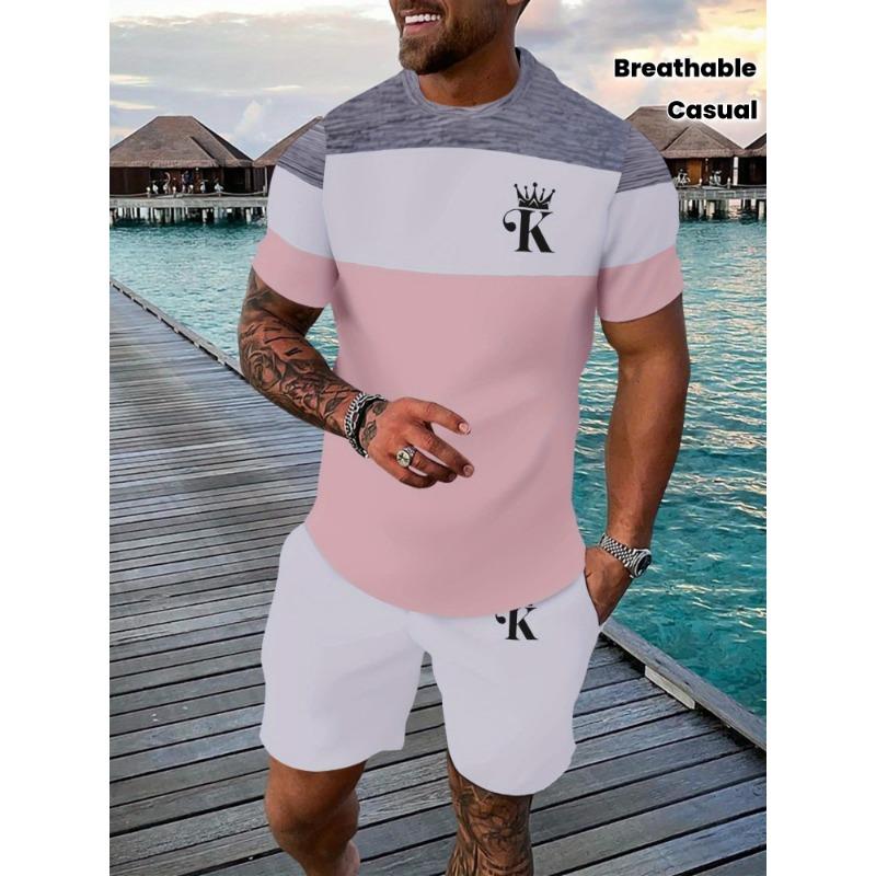 [Summer Sports Suit] Summer 3D Printing Breathable Casual Sports Suit | Men s T-shirt and Shorts Suit for Men and Adults L