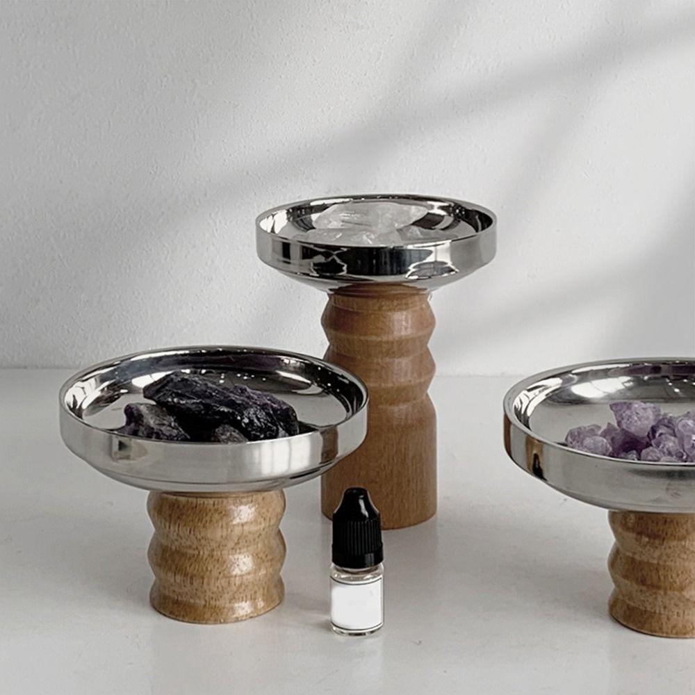 Solid Wood Base Stainless Steel Aromatherapy Tray Round Desktop Storage Tray  for Home