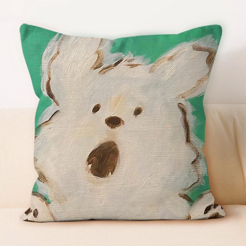 "Adorable White Fluffy Dog Oil - Painting Style Throw Pillow Cover"