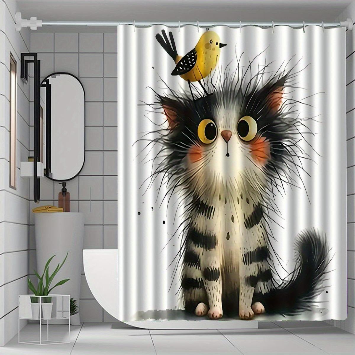 

Fluffy Cartoonish Cute Cat Bird Shower Curtain Washable Dirt-Resistant Shower Head Waterproof Polyester Bath Curtain W60H190(CM)-1 Pcs