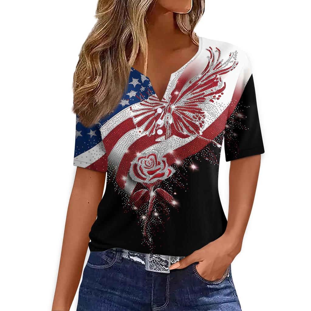 Women's Casual V Neck Short Sleeve T Shirt with Button Detail Independence Day Print Butterfly and Floral Pattern Top