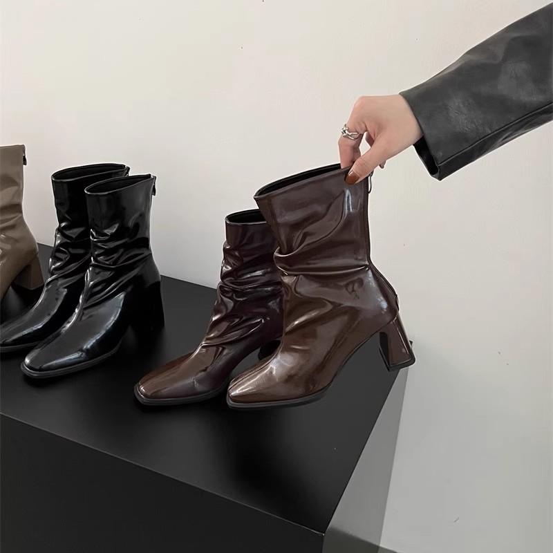 2025 new spring and autumn square head thick heel temperament French high heel elastic thin boots British style pleated stacking boots women