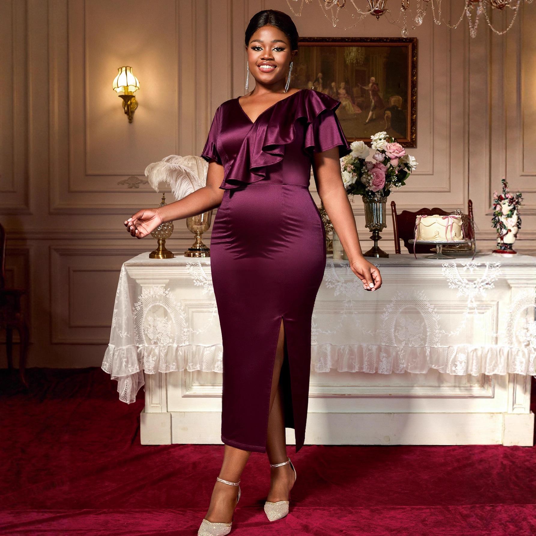 

Plus Size Wine Red V-Neck Ruffle Bodycon Evening Gown 0XL вина червоного кольору