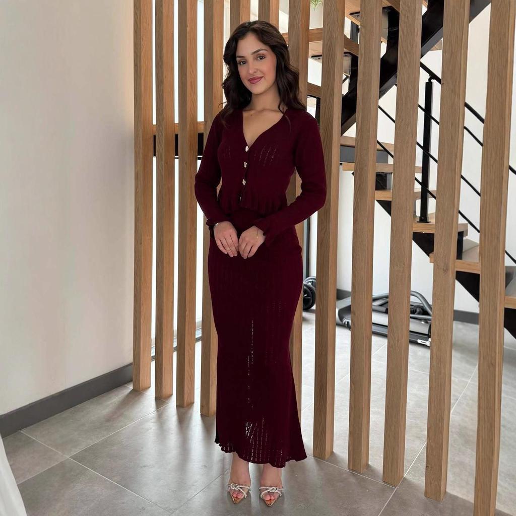 2025 Autumn Women's V-Neck Knitted Top & Midi Skirt Set