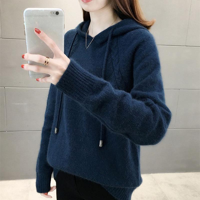 Hooded Sweater Women's Autumn and Winter Long Sleeved Knitted Sweater Loose and Lazy Style Hoodie Top Rest Pullover