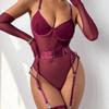 Womens Lace-Up Bodysuit With Mesh Panel Matching Gloves Set Costume Party Or Cosplay