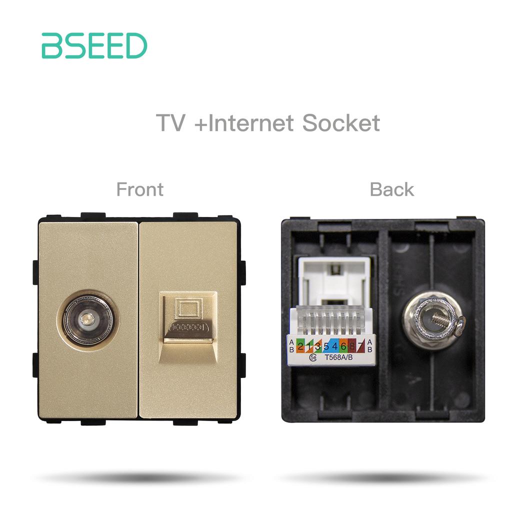 BSEED DIY EU Standard TV Satellite USB Sockets Button Switches With Crystal Glass Frame Panel Gold Home Improvement DIY Free