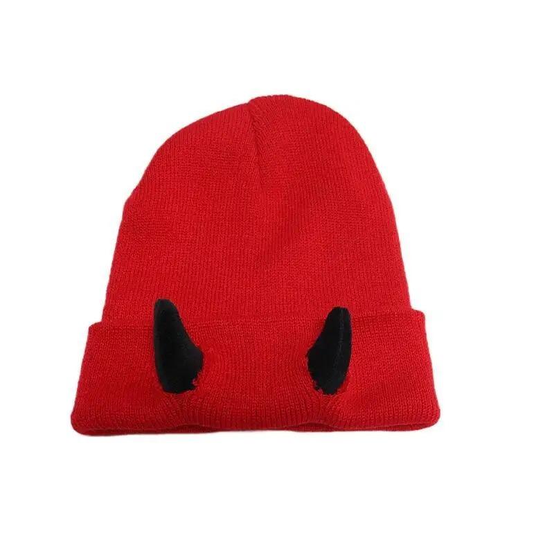 Winter Warm Knitted Beanie Hat Soft Stretchy Demon Horn Skull Design for Men and Women Outdoor Streetwear Funny Fashion Headwear