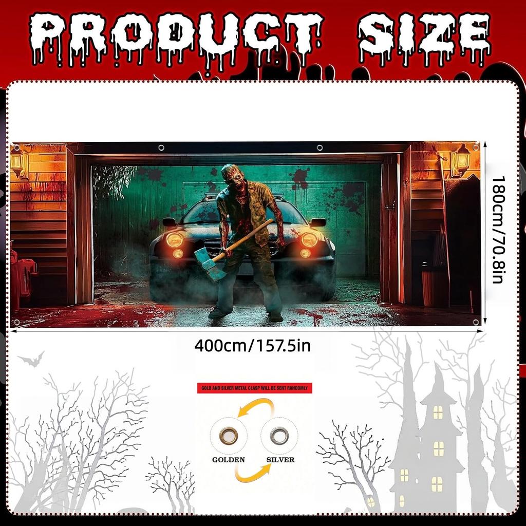 Spooky Zombie Garage Door Backdrop Blood Splatter Horror Scene Banner Outdoor Halloween Decor Haunted House Patio Wall Cover