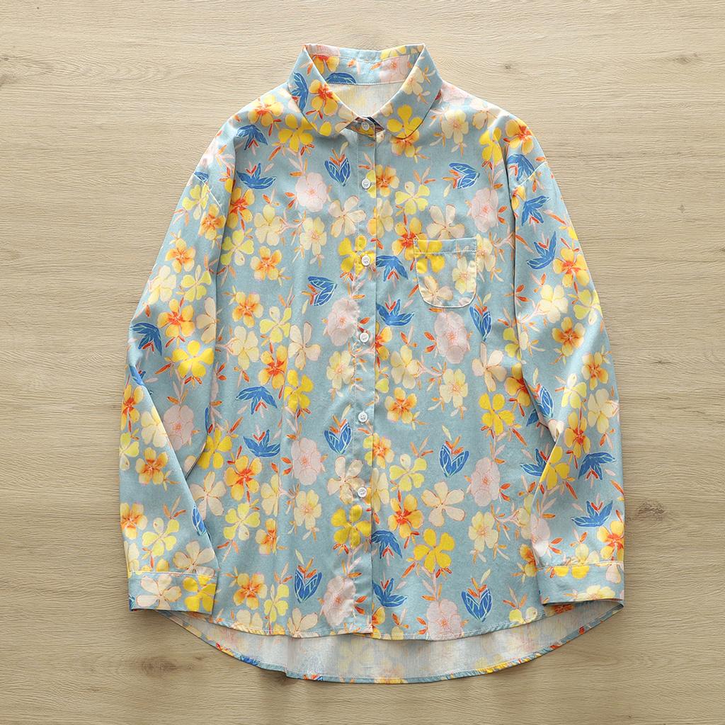 Women Cotton Shirts Floral Print Blouses Casual Lady Tops Long Sleeve Female Clothes Spring Autumn