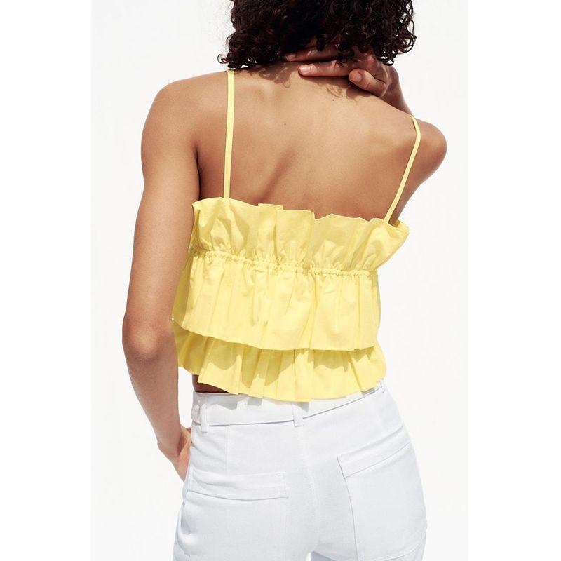 Summer Women's Sweet Style Ruched Decorative Cotton Poplin Plaid Sling Straight Collar Short Top 3897105